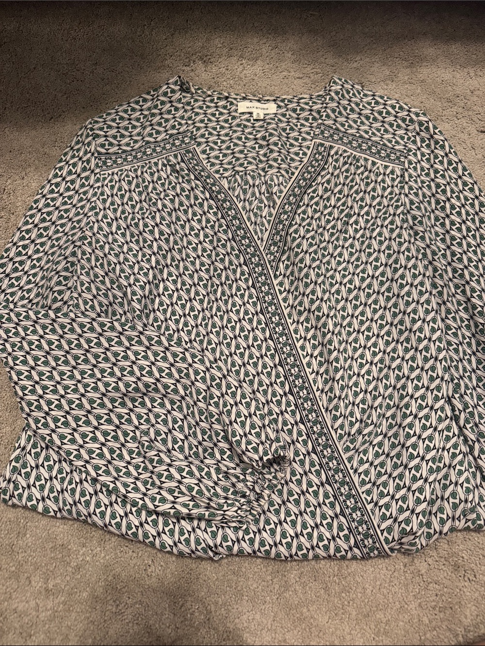 Max Studio Teal and Navy Printed V-Neck Blouse